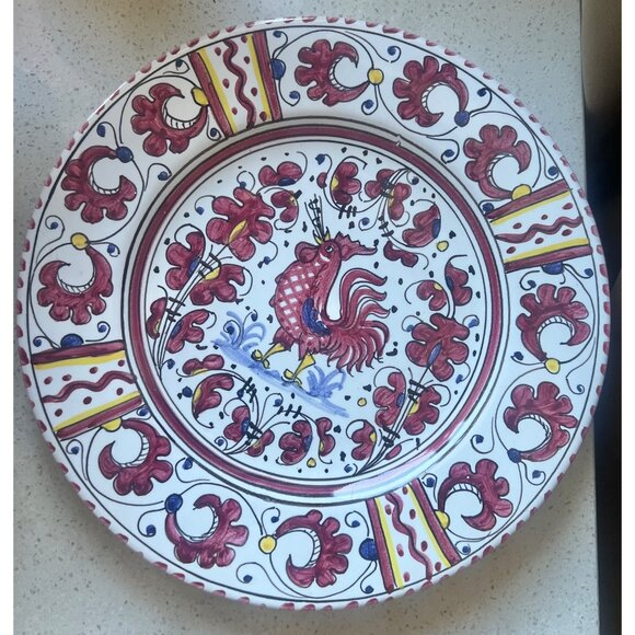 Deruta Hand-Painted Ceramic Orvieto Singing Rooster Plate Italy 10" D Red White - Picture 2 of 7